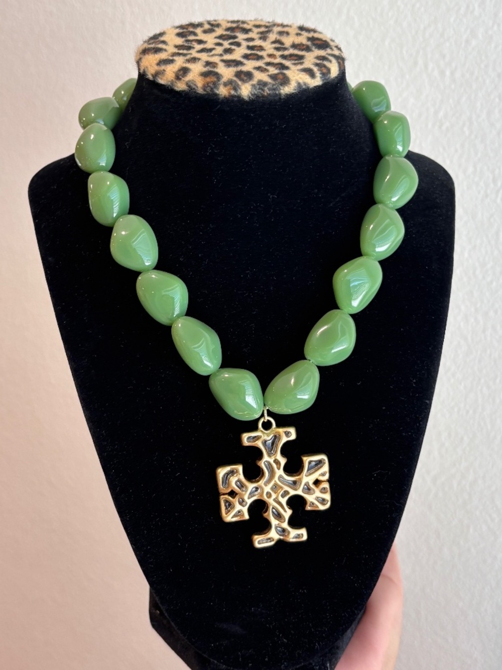 Tory Burch | Gold Plated Icon Pendant Necklace w/Green Beads | Magnetic Closure